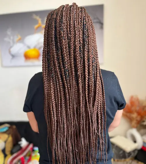 Isparta'da kahve-pembe tonlarda, sırt boyu uzun box braids