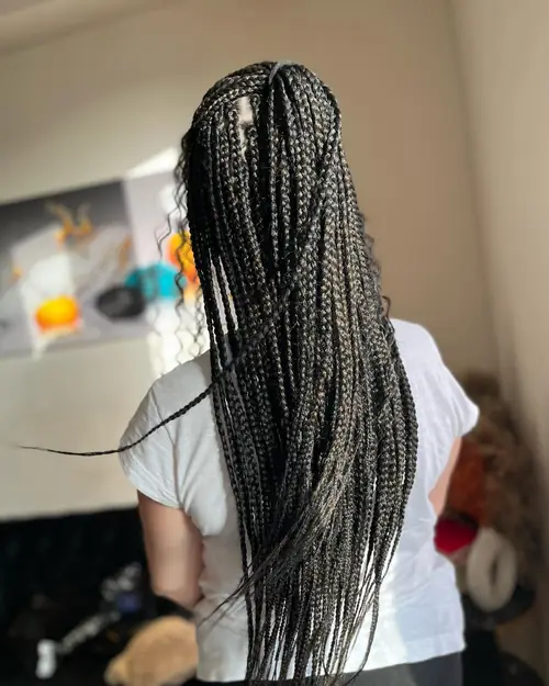 Isparta'da siyah-gri tonlarda, sırt boyu uzun box braids