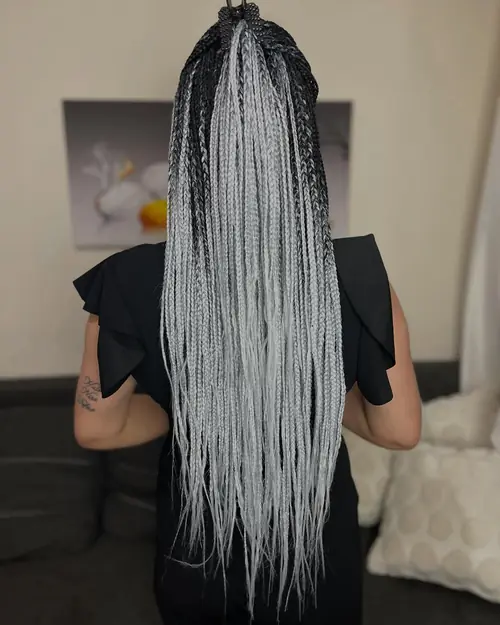 Isparta'da siyahtan griye ombre geçişli, bel boyu knotless braids